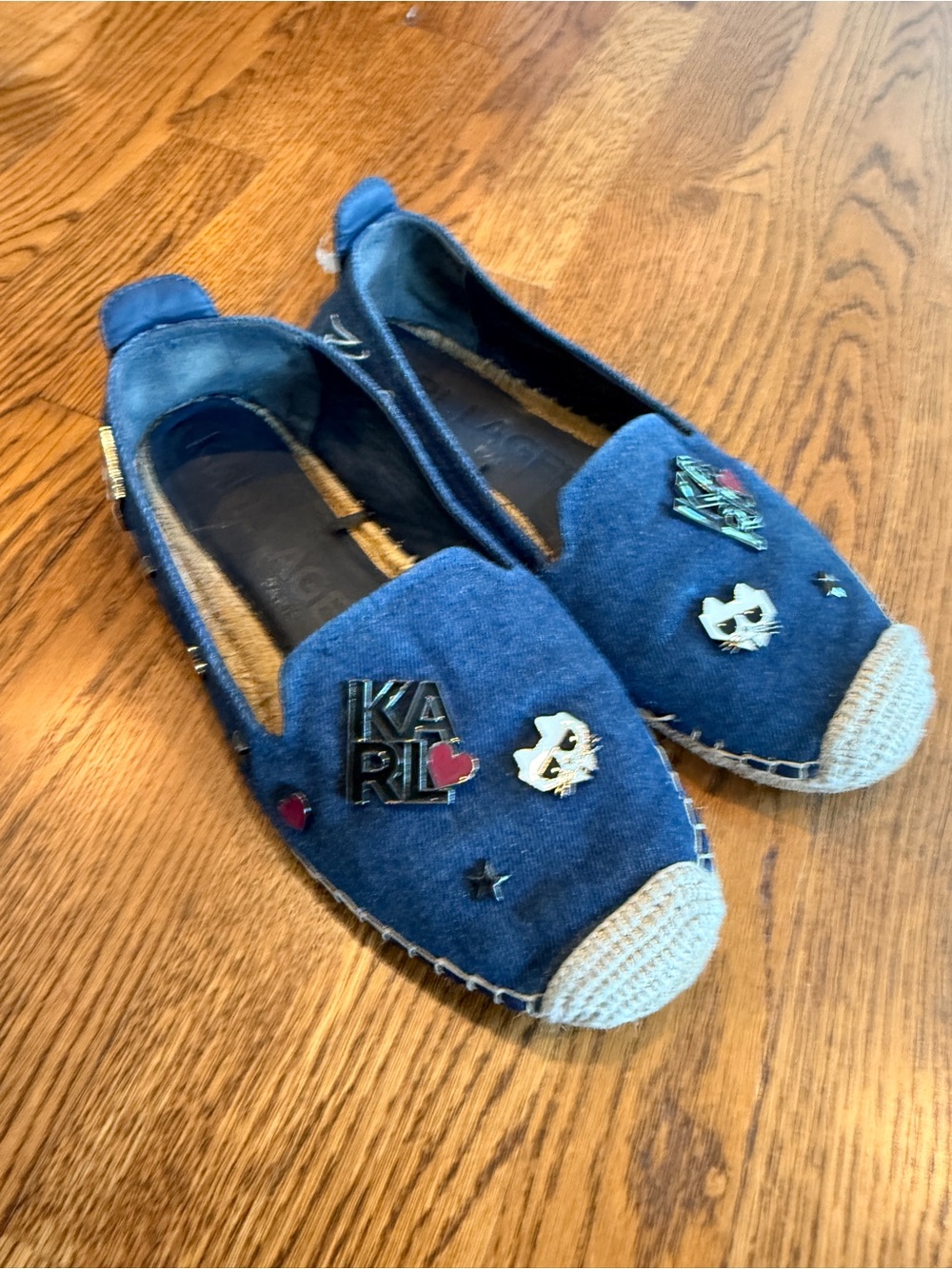 Karl Lagerfeld Blue Denim Espadrilles Embellishments avant-guard statement 9.5